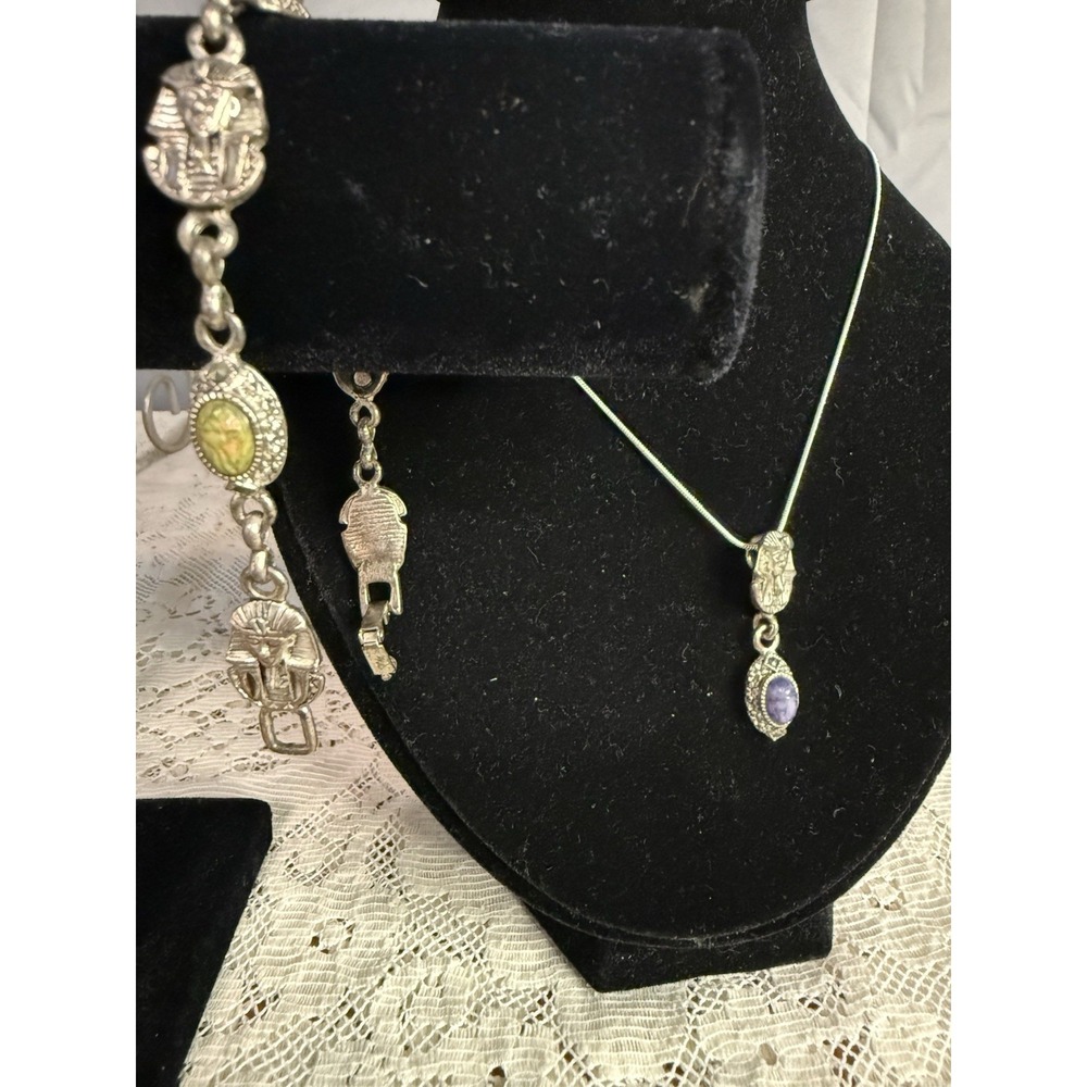 925 Intricate Vintage Egyptian Scarab Bracelet And Matching Pendant Unique